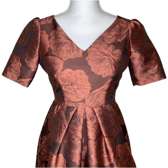 Gal Meets Glam Ingrid Rust Rose Floral Jacquard Pleated Fit & Flare Mini Dress - Picture 7 of 11